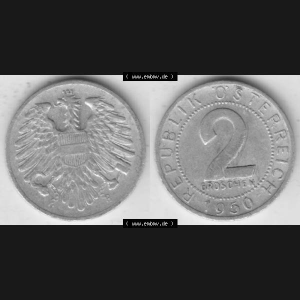 Grau bzw. s/w Münzen Österreich Umlaufmünze 1950-1994, 2 Groschen 1950, Münze aus Österreich mit Münzseiten Horizontal / Nebeneinander auf einen Bild für Mobile-Geräte... Sammlung Graustufen