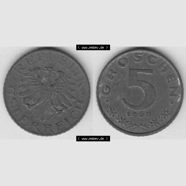 Grau bzw. s/w Münzen Österreich Umlaufmünze 1948-1994, 5 Groschen 1968 I., Münze aus Österreich mit Münzseiten Horizontal / Nebeneinander auf einen Bild für... Sammlung Graustufen