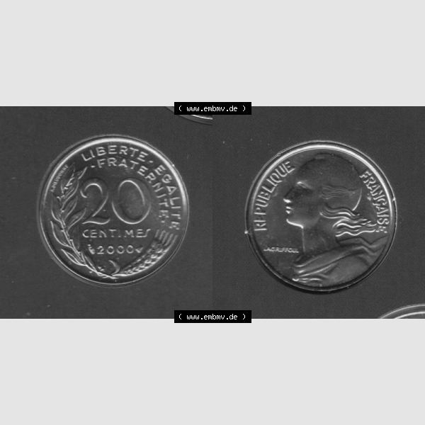 Grau bzw. s/w Münze Frankreich 2000, 20 Centimes. Vorderseite und Rückseite horizontal auf einen digitalen Bild der alten französischen Umlaufmünze aus Frankreich in der Francs-Währung... Sammlung Graustufen