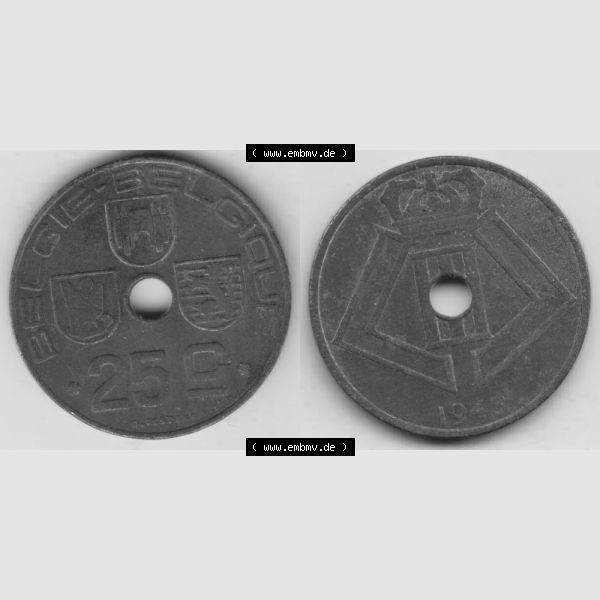 Grau bzw. s/w Münzen Belgien Umlaufmünze 1942-1946, 25 Centimes 1943 Belgie - Belgique. Vorderseite und Rückseite horizontal auf einen digitalen Bild der alten belgischen Francs Umlaufmünze... Sammlung Graustufen
