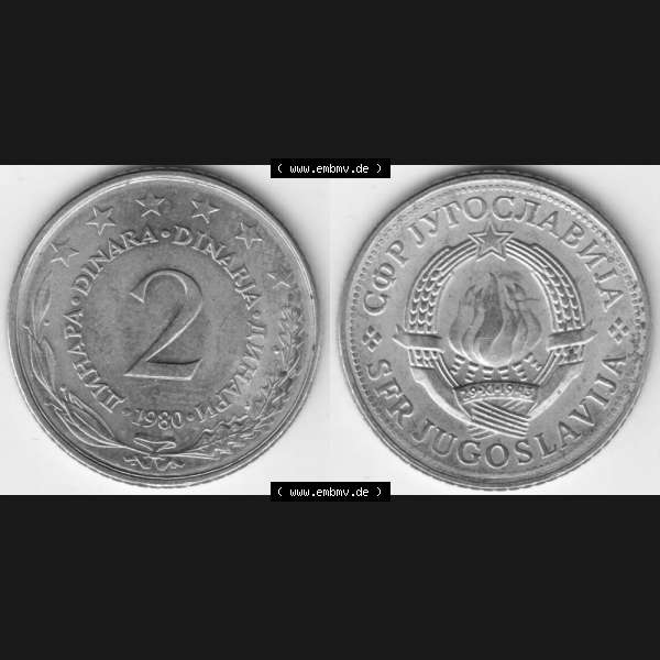 Grau bzw. s/w Münzen Jugoslawien Umlaufmünze 1971-1981, 2 Dinara, Dinarja 1980, Bild mit Vollansicht als Bildmaterial Sammlung Graustufen