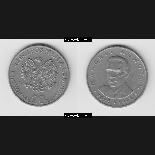 Grau bzw. s/w Münzen Polen Umlaufmünze 1974-1983, 20 Zlotych Marceli Nowotko 1976, Bild mit Vollansicht als Bildmaterial Sammlung Graustufen
