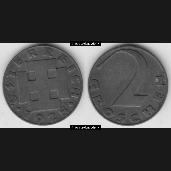 Grau bzw. s/w Münzen Österreich Umlaufmünze 1925-1938, 2 Groschen 1928, Münze aus Österreich mit Münzseiten Horizontal / Nebeneinander auf einen Bild für Mobile-Geräte... Sammlung Graustufen