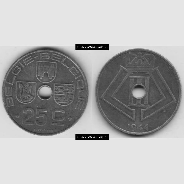Grau bzw. s/w Münzen Belgien Umlaufmünze 1942-1946, 25 Centimes 1944 Belgie - Belgique. Vorderseite und Rückseite horizontal auf einen digitalen Bild der alten belgischen Francs Umlaufmünze... Sammlung Graustufen