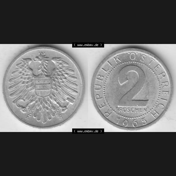 Grau bzw. s/w Münzen Österreich Umlaufmünze 1950-1994, 2 Groschen 1965, Münze aus Österreich mit Münzseiten Horizontal / Nebeneinander auf einen Bild für Mobile-Geräte... Sammlung Graustufen