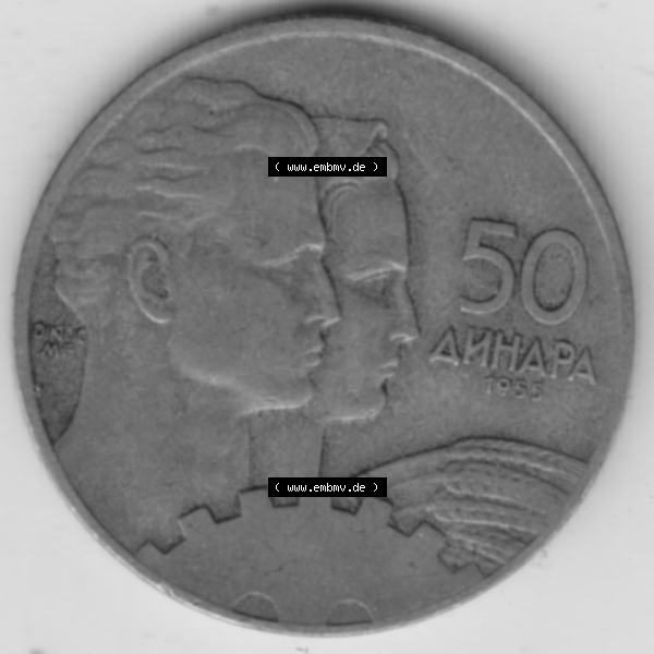 Grau bzw. s/w Münzen Jugoslawien Umlaufmünze 1955-1955, 50 Dinar 1955, Bild mit Rückseite der Münze zum Download Sammlung Graustufen