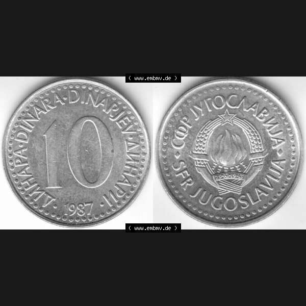 Grau bzw. s/w Münzen Jugoslawien Umlaufmünze 1982-1988, 10 Dinara, Dinarjev 1987, Bild mit Vollansicht als Bildmaterial Sammlung Graustufen