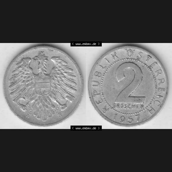 Grau bzw. s/w Münzen Österreich Umlaufmünze 1950-1994, 2 Groschen 1957, Münze aus Österreich mit Münzseiten Horizontal / Nebeneinander auf einen Bild für Mobile-Geräte... Sammlung Graustufen