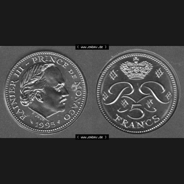 Grau bzw. s/w Münzen Monaco Umlaufmünze 1971-1995, 5 Francs 1995 (3) Sammlung Graustufen