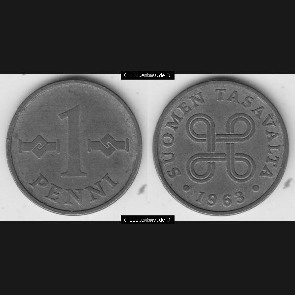 Grau bzw. s/w Münzen Finnland Umlaufmünze 1963-1969, 1 Penni, 1963. Vorderseite und Rückseite horizontal auf einen digitalen Bild der alten finnischen Umlaufmünze aus Finnland... Sammlung Graustufen