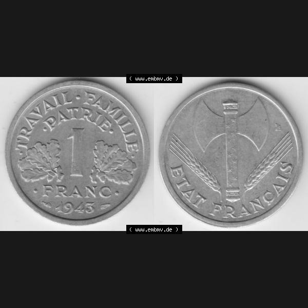 Grau bzw. s/w Münze Frankreich 1942-1944, 1 Franc, Franken 1943. Vorderseite und Rückseite horizontal auf einen digitalen Bild der alten französischen Umlaufmünze aus Frankreich... Sammlung Graustufen
