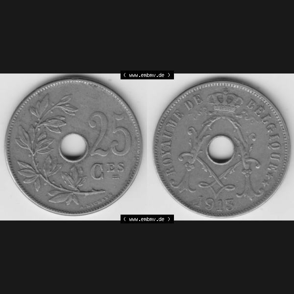 Grau bzw. s/w Münzen Belgien Umlaufmünze 1913-1929, 25 Ces, Centimes, Cent Koninkrijk Belgie. Vorderseite und Rückseite horizontal auf einen digitalen Bild der alten belgischen... Sammlung Graustufen