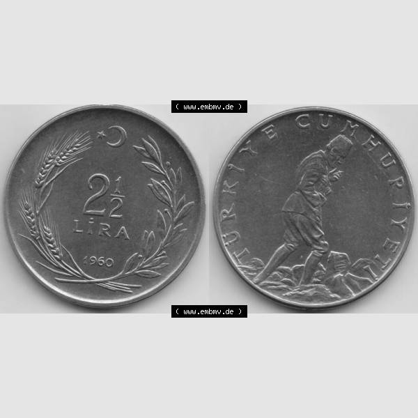 Grau bzw. s/w Münzen Türkei Umlaufmünze 1960-1968, 2.50 Lira 1960. Vorderseite und Rückseite der Münze der Türkei auf einen Digitalen Bild, als Bildmaterial für... Sammlung Graustufen