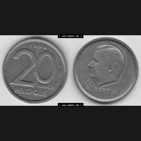 Grau bzw. s/w Münzen Belgien Umlaufmünze 1994-2001, 20 Francs 1994 Belgique. Vorderseite und Rückseite horizontal auf einen digitalen Bild der alten belgischen Francs Umlaufmünze aus... Sammlung Graustufen