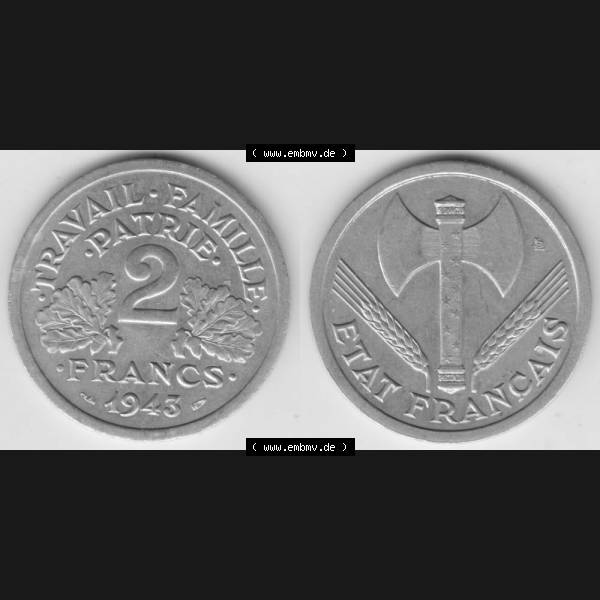 Grau bzw. s/w Münze Frankreich 1943-1944, 2 Francs, Franken 1943. Vorderseite und Rückseite horizontal auf einen digitalen Bild der alten französischen Umlaufmünze aus Frankreich... Sammlung Graustufen