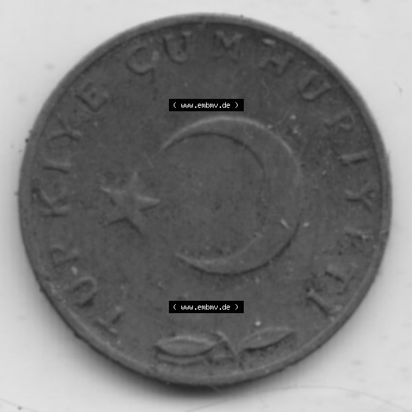 Grau bzw. s/w Münzen Türkei Umlaufmünze 1958-1968, 5 Kurus 1967. Vorderseite der Münze der Türkei als Bildmaterial für Sammler und Münzen-Webseiten hier im online Katalog... Sammlung Graustufen