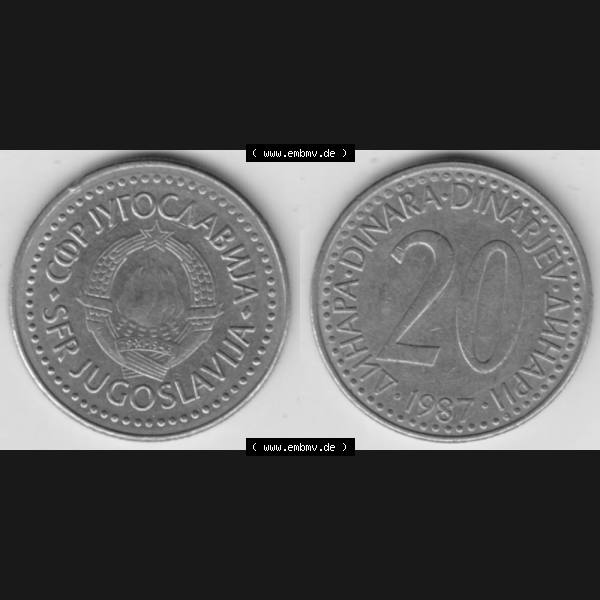 Grau bzw. s/w Münzen Jugoslawien Umlaufmünze 1985-1987, 20 Dinar 1987, Bild mit Vollansicht als Bildmaterial Sammlung Graustufen