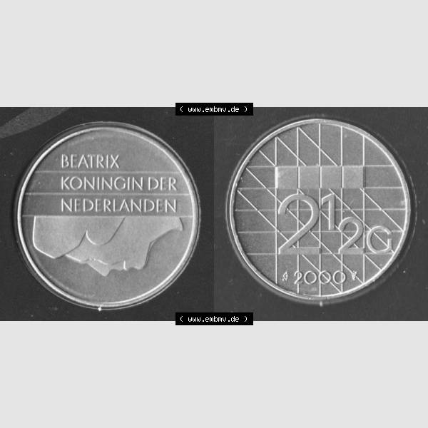 Grau bzw. s/w Münzen Niederlande Umlaufmünze 1982-2000, 2.50 Gulden 2000, Bild mit Vollansicht Sammlung Graustufen