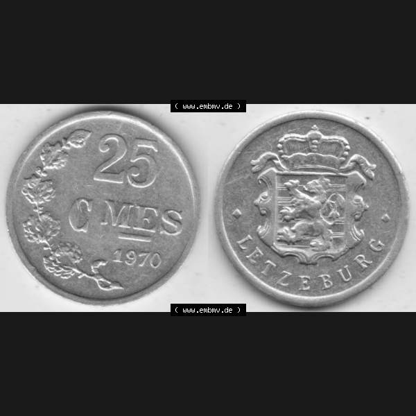 Grau bzw. s/w Münzen Luxemburg Umlaufmünze 1954-1972, 25 Centimes - C-MES 1970 I., Bild mit Vollansicht Sammlung Graustufen