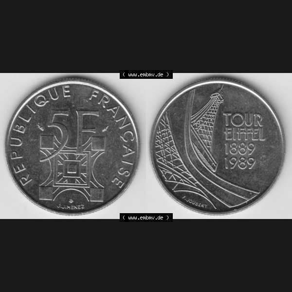 Grau bzw. s/w Münze Frankreich 1989-1989, 5 Francs Franken Eiffelturm. Vorderseite und Rückseite horizontal auf einen digitalen Bild der alten französischen Umlaufmünze aus Frankreich... Sammlung Graustufen