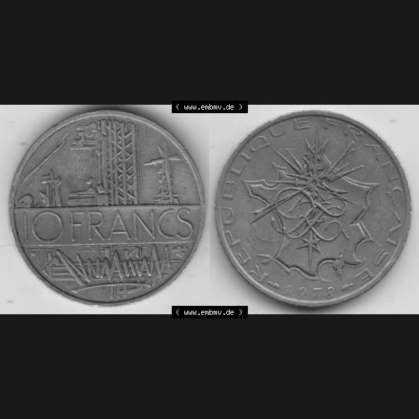 Grau bzw. s/w Münze Frankreich 1974-1987, 10 Franken-Francs 1978 II.. Vorderseite und Rückseite horizontal auf einen digitalen Bild der alten französischen Umlaufmünze aus Frankreich... Sammlung Graustufen