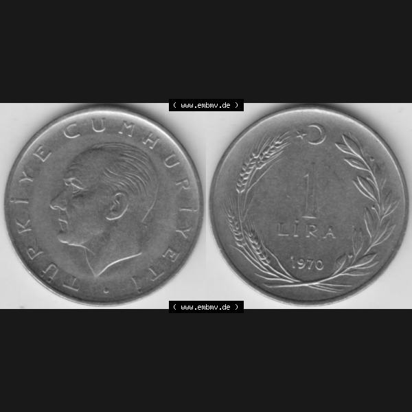 Grau bzw. s/w Münzen Türkei Umlaufmünze 1967-1980, 1 Lira 1970, Bild mit Vollansicht als Bildmaterial Sammlung Graustufen