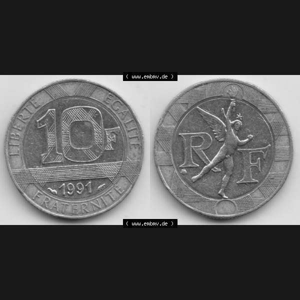 Grau bzw. s/w Münze Frankreich 1991, 10 Francs. Vorderseite und Rückseite horizontal auf einen digitalen Bild der alten französischen Umlaufmünze aus Frankreich in der Francs-Währung... Sammlung Graustufen