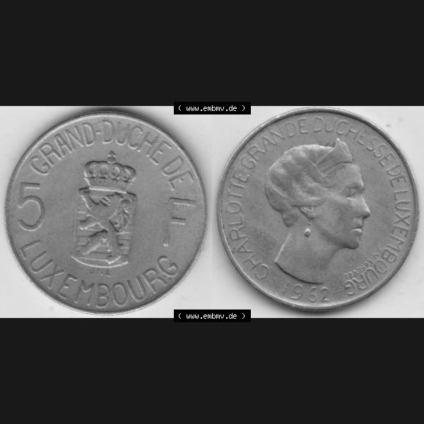 Grau bzw. s/w Münzen Luxemburg Umlaufmünze 1962-1962, 5 Franken - Francs 1962, Bild mit Vollansicht Sammlung Graustufen