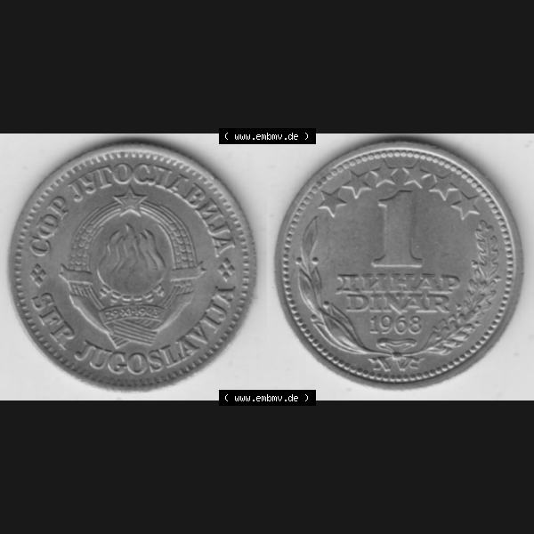 Grau bzw. s/w Münzen Jugoslawien Umlaufmünze 1968-1968, 1 Dinar 1968, Bild mit Vollansicht zum Download Sammlung Graustufen