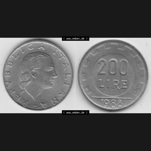 Grau bzw. s/w Münzen Italien Umlaufmünze 1977-2001, 200 Lire, Zahnrad 1988. Vorderseite und Rückseite horizontal auf einen digitalen Bild der alten italienischen Münze aus Italien... Sammlung Graustufen