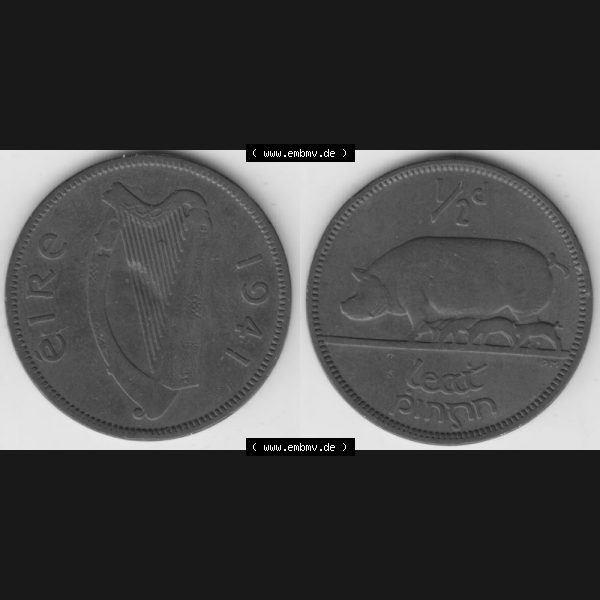 Grau bzw. s/w Münzen Irland Umlaufmünze 1939-1967, 0.50 Penny, Half Penny 1941. Vorderseite und Rückseite horizontal auf einen digitalen Bild der alten irischen Umlaufmünze... Sammlung Graustufen