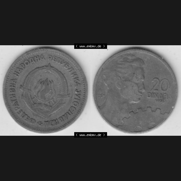 Grau bzw. s/w Münzen Jugoslawien Umlaufmünze 1955-1955, 20 Dinar, 1955, Bild mit Vollansicht zum Download Sammlung Graustufen
