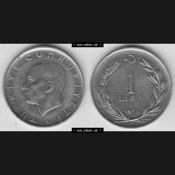 Grau bzw. s/w Münzen Türkei Umlaufmünze 1967-1980, 1 Lira 1971, Bild mit Vollansicht als Bildmaterial Sammlung Graustufen