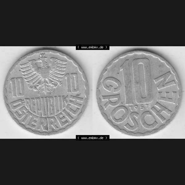 Grau bzw. s/w Münzen Österreich Umlaufmünze 1951-2001, 10 Groschen 1957, Münze aus Österreich mit Münzseiten Horizontal / Nebeneinander auf einen Bild für Mobile-Geräte... Sammlung Graustufen