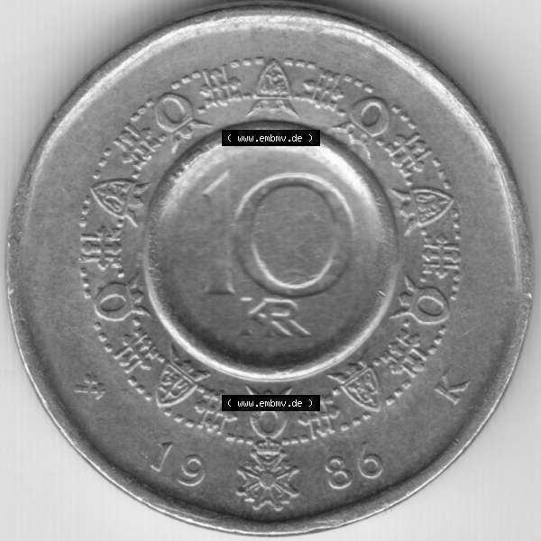 Grau bzw. s/w Münzen Norwegen Umlaufmünze 1983-1991, 10 Kronen 1986, Bild mit Rückseite der norwegischen Münze als Bildmaterial, des Bildes zur deiner Nutzung Sammlung Graustufen