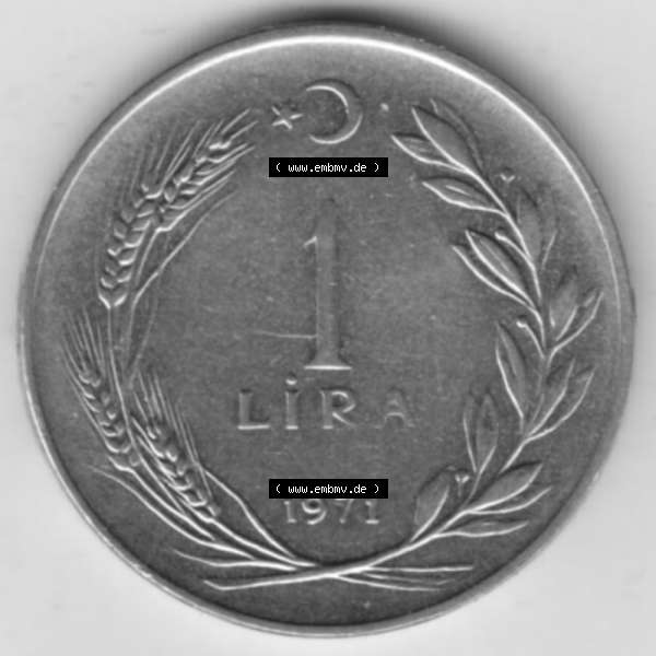 Grau bzw. s/w Münzen Türkei Umlaufmünze 1967-1980, 1 Lira 1971. Rückseite der Münze der Türkei als Bildmaterial für Sammler und Münzen-Webseiten hier im online Katalog... Sammlung Graustufen