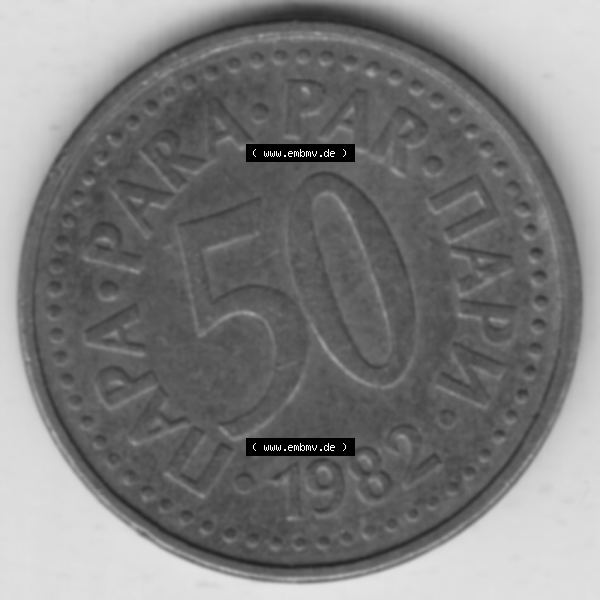 Grau bzw. s/w Münzen Jugoslawien Umlaufmünze 1982-1984, 50 Para 1982, Bild mit Rückseite der Münze als Bildmaterial Sammlung Graustufen