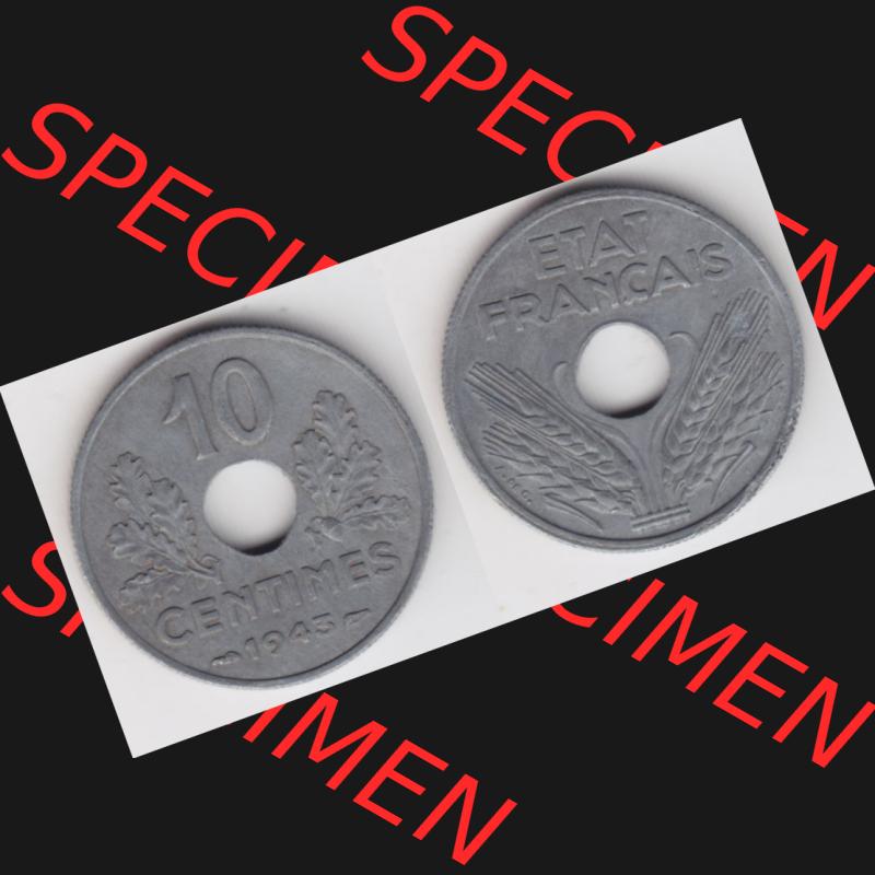 Münze Frankreich 1941-1943, 10 Centimes, Etat Francais 1943. Vorderseite und Rückseite horizontal auf einen digitalen Bild der alten französischen Umlaufmünze 10... Sammlung