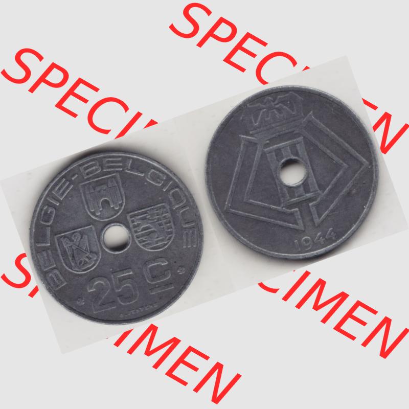 Münzen Belgien Umlaufmünze 1942-1946, 25 Centimes 1944 Belgie - Belgique. Vorderseite und Rückseite horizontal auf einen digitalen Bild der alten belgischen Francs Umlaufmünze... Sammlung