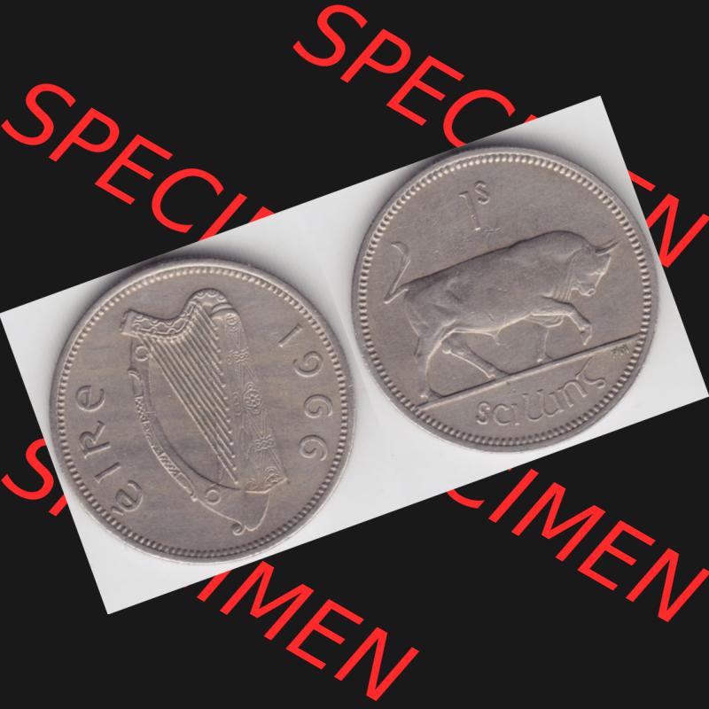 Münzen Irland Umlaufmünze 1951-1968, 1 Schilling 1966. Vorderseite und Rückseite horizontal auf einen digitalen Bild der alten irischen Umlaufmünze aus Irland in Irische... Sammlung