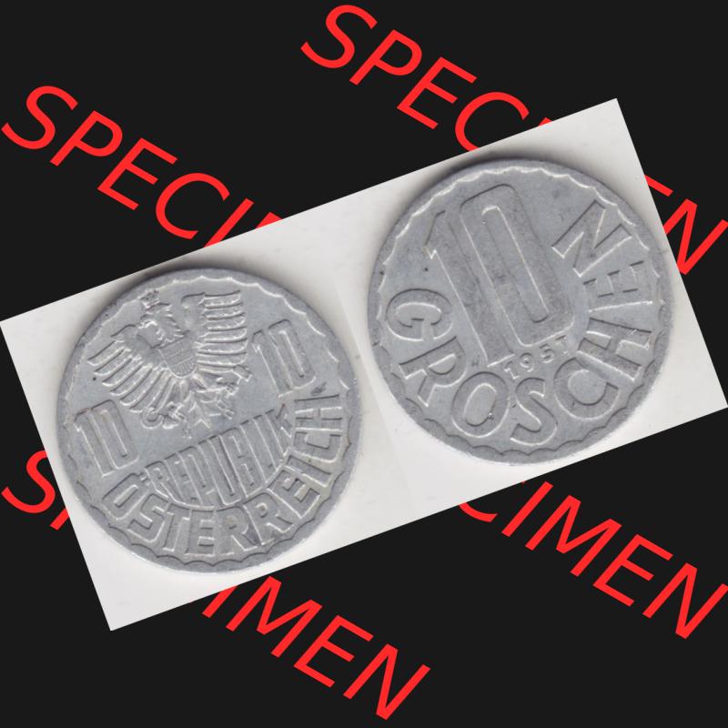 Münzen Österreich Umlaufmünze 1951-2001, 10 Groschen 1957, Münze aus Österreich mit Münzseiten Horizontal / Nebeneinander auf einen Bild für Mobile-Geräte... Sammlung