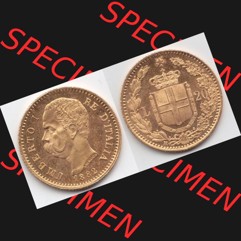 Münzen Italien Goldmünze 1880-1897, 20 Lire Umberto I. Goldmünze 1882. Vorderseite und Rückseite horizontal auf einen digitalen Bild der alten italienischen Münze... Sammlung