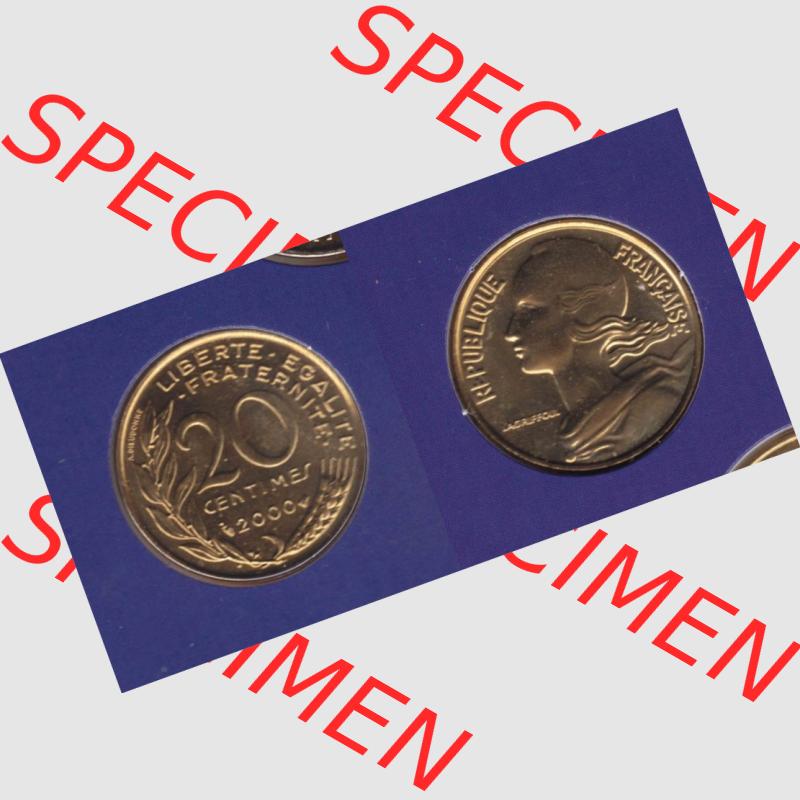 Münze Frankreich 2000, 20 Centimes. Vorderseite und Rückseite horizontal auf einen digitalen Bild der alten französischen Umlaufmünze aus Frankreich in der Francs-Währung... Sammlung