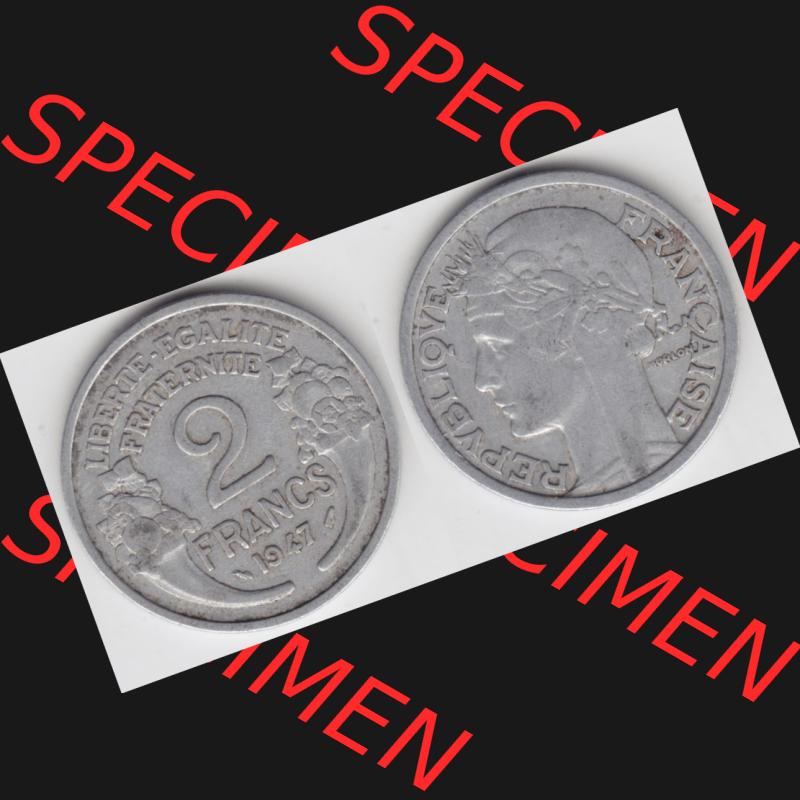 Münze Frankreich 1941-1959, 2 Francs, Franken 1947. Vorderseite und Rückseite horizontal auf einen digitalen Bild der alten französischen Umlaufmünze aus Frankreich... Sammlung