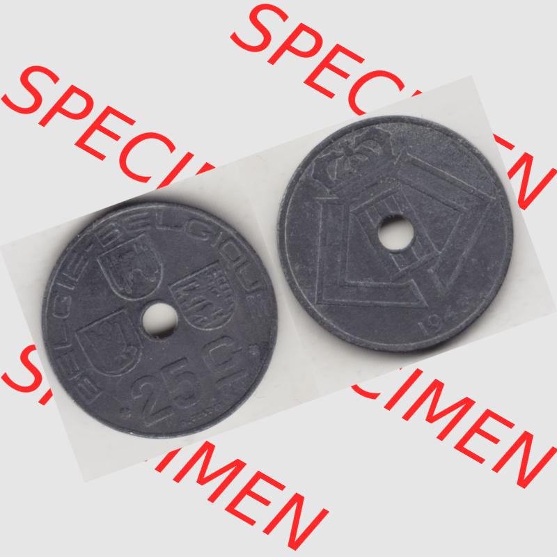Münzen Belgien Umlaufmünze 1942-1946, 25 Centimes 1943 Belgie - Belgique. Vorderseite und Rückseite horizontal auf einen digitalen Bild der alten belgischen Francs Umlaufmünze... Sammlung