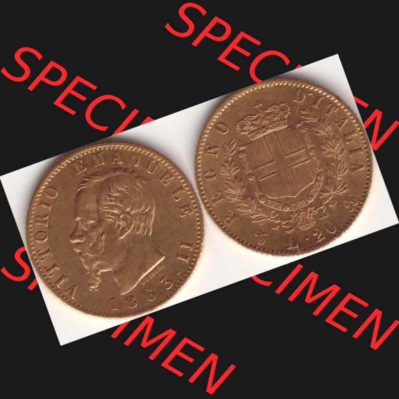 Münzen Italien Goldmünze 1861-1870, 20 Lire Vittorio Emanuele I. Goldmünze 1863. Vorderseite und Rückseite horizontal auf einen digitalen Bild der alten italienischen... Sammlung