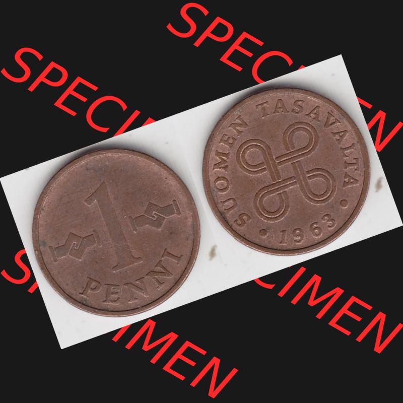 Münzen Finnland Umlaufmünze 1963-1969, 1 Penni, 1963. Vorderseite und Rückseite horizontal auf einen digitalen Bild der alten finnischen Umlaufmünze aus Finnland... Sammlung
