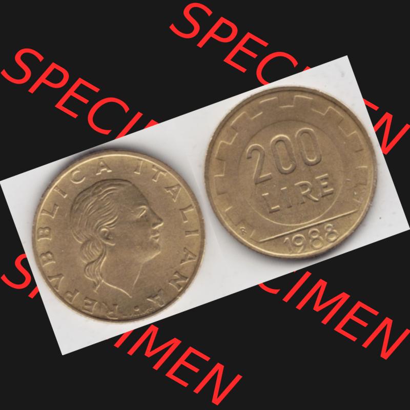 Münzen Italien Umlaufmünze 1977-2001, 200 Lire, Zahnrad 1988. Vorderseite und Rückseite horizontal auf einen digitalen Bild der alten italienischen Münze aus Italien... Sammlung