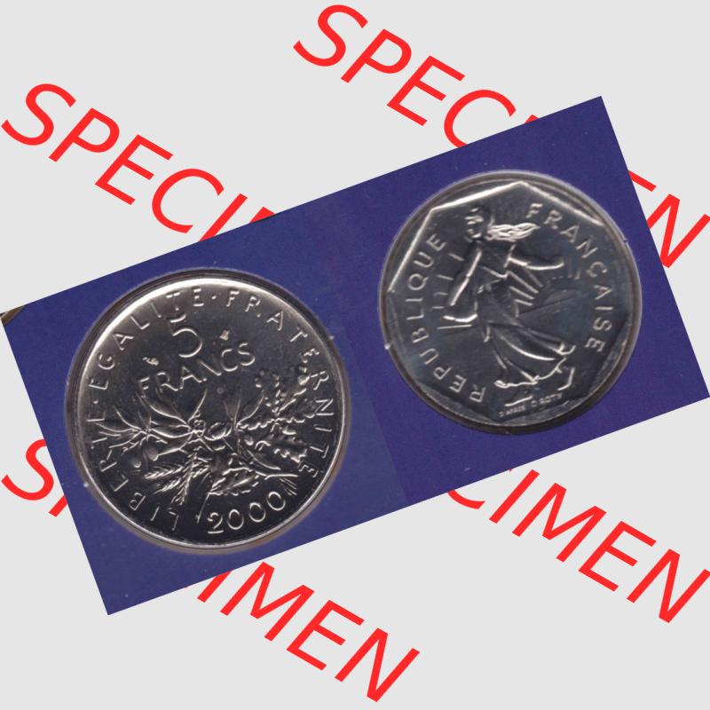 Münze Frankreich 2000, 5 Francs. Vorderseite und Rückseite horizontal auf einen digitalen Bild der alten französischen Umlaufmünze aus Frankreich in der Francs-Währung... Sammlung