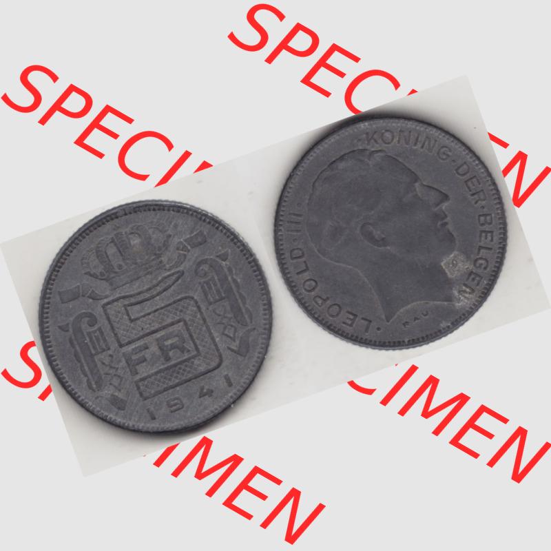 Münzen Belgien Umlaufmünze 1941-1946, 5 Franken 1941, Der Belgen. Vorderseite und Rückseite horizontal auf einen digitalen Bild der alten belgischen Francs Umlaufmünze... Sammlung